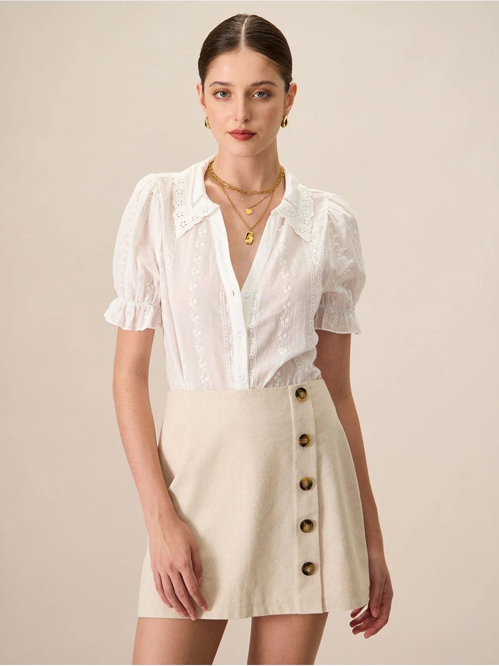 Women's White Collared Lace Embroidery Cotton Blouse